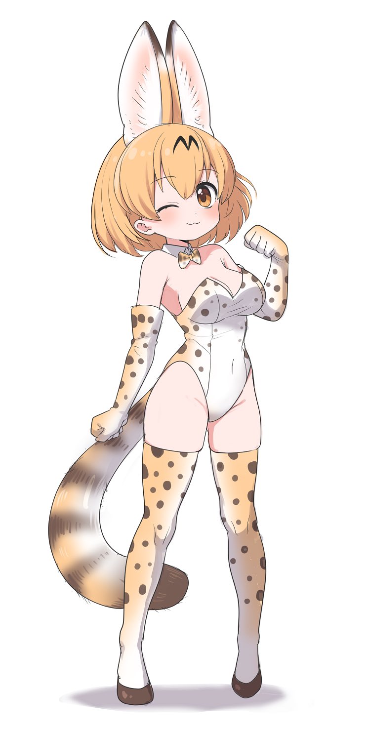 1girl :3 adapted_costume animal_ears bare_shoulders blonde_hair bow bowtie commentary_request detached_collar elbow_gloves extra_ears eyebrows_visible_through_hair full_body gloves highres kemono_friends leotard one_eye_closed playboy_bunny_leotard print_gloves print_legwear print_leotard print_neckwear ransusan serval_(kemono_friends) serval_ears serval_girl serval_print serval_tail short_hair sleeveless solo tail thigh-highs yellow_eyes