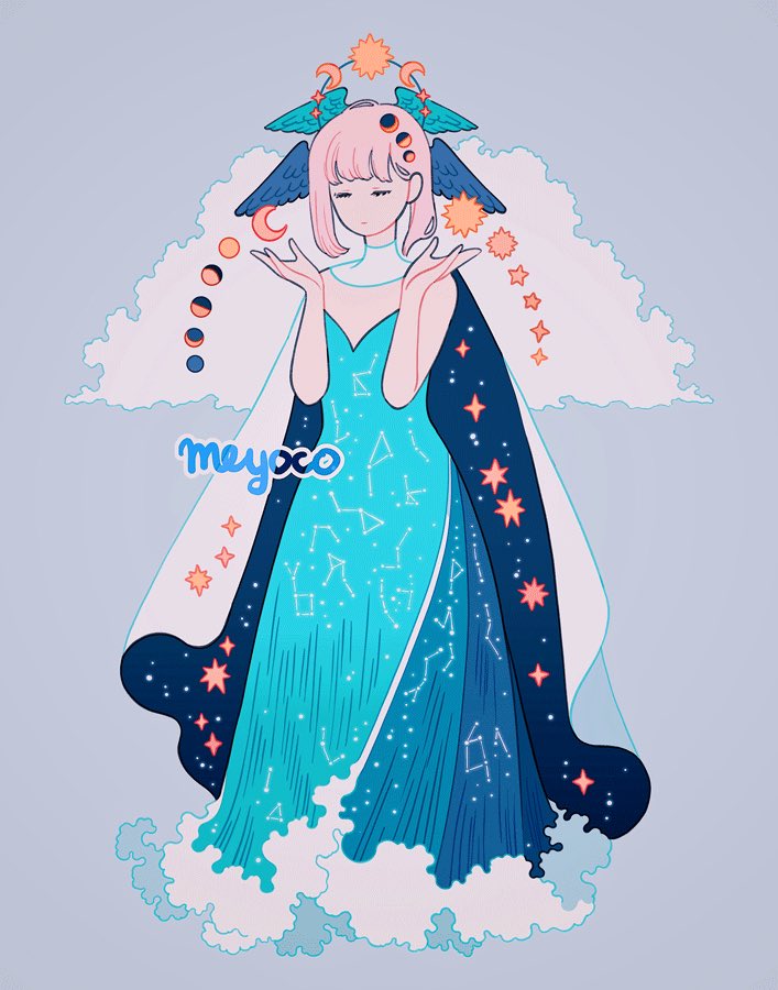 1girl artist_name bangs blue_dress blue_wings cape closed_eyes clouds constellation crescent_moon dress feathered_wings full_moon gibbous_moon grey_background hair_ornament half_moon long_dress meyoco moon moon_phases new_moon no_nose original pink_hair short_hair simple_background solo star sun water_dress waves white_cape wings