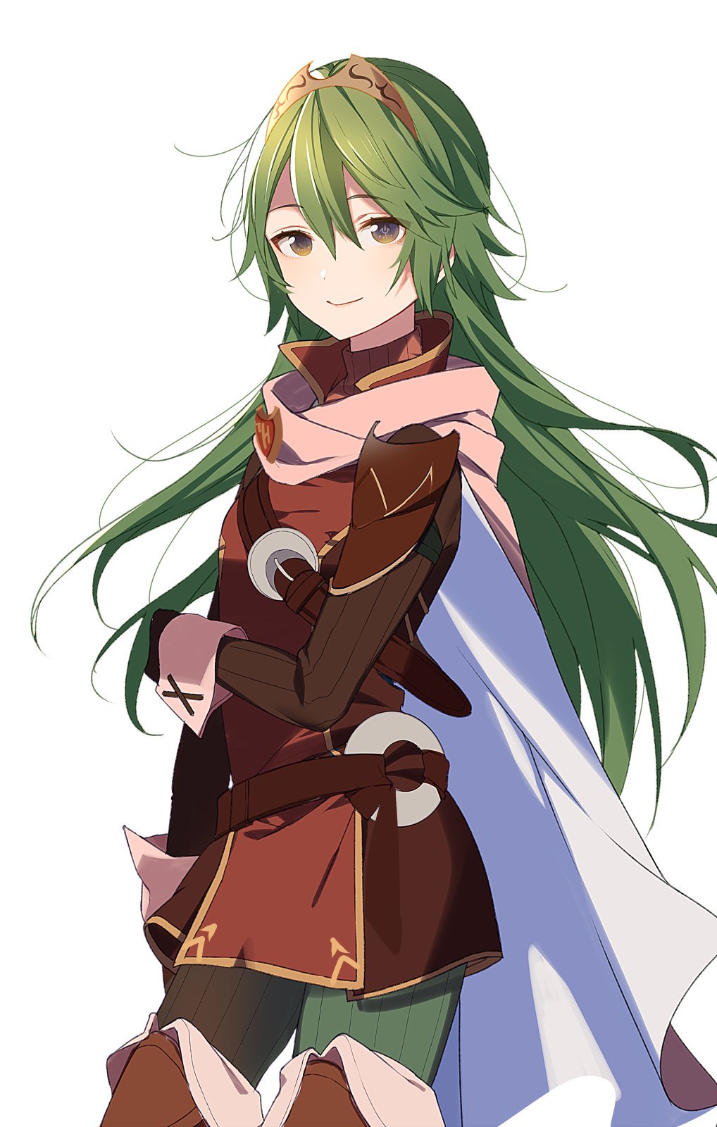 1girl alternate_color belt belt_buckle boots buckle cape fire_emblem fire_emblem_awakening gloves green_hair highres long_hair long_sleeves looking_at_viewer lucina lucina_(fire_emblem) open_mouth ribbed_sweater ryon_(ryonhei) shirt simple_background solo sweater symbol-shaped_pupils thigh-highs thigh_boots tiara turtleneck very_long_hair white_background wrist_cuffs