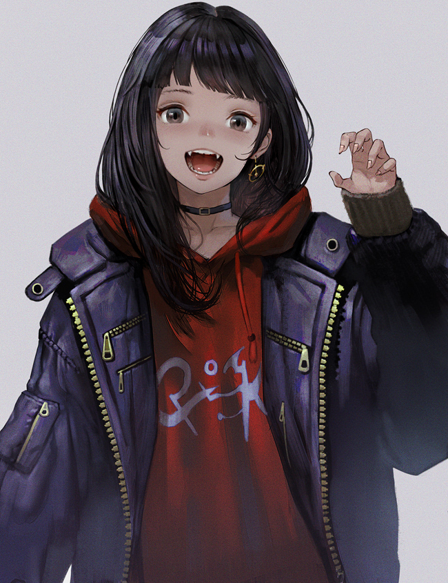 1girl bangs black_choker black_eyes black_hair blue_jacket blunt_bangs choker collarbone fangs fingernails grey_background hisahisahisahisa hood hood_down hoodie jacket long_hair open_mouth original red_hoodie sharp_fingernails simple_background solo tongue upper_body zipper zipper_pull_tab