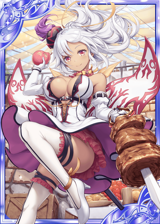 1girl akkijin breasts card_(medium) carnival churrasco collarbone dress food fruit gloves hat large_breasts looking_at_viewer meat official_art outdoors red_eyes ribbon shinkai_no_valkyrie smile thigh-highs white_dress white_footwear white_gloves white_hair white_legwear yellow_ribbon