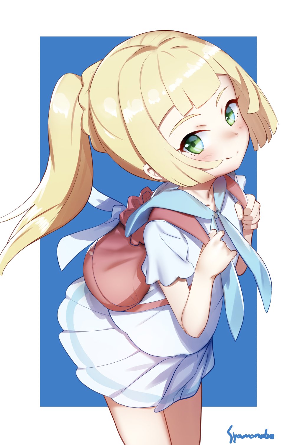 1girl artist_name backpack bag bangs blonde_hair blue_neckwear blue_sailor_collar blue_skirt blunt_bangs blush closed_mouth commentary dutch_angle from_above green_eyes highres leaning_forward lillie_(pokemon) looking_at_viewer medium_hair neckerchief pleated_skirt pokemon pokemon_(game) pokemon_sm ponytail sailor_collar school_uniform serafuku shamonabe sidelocks signature simple_background skirt smile solo