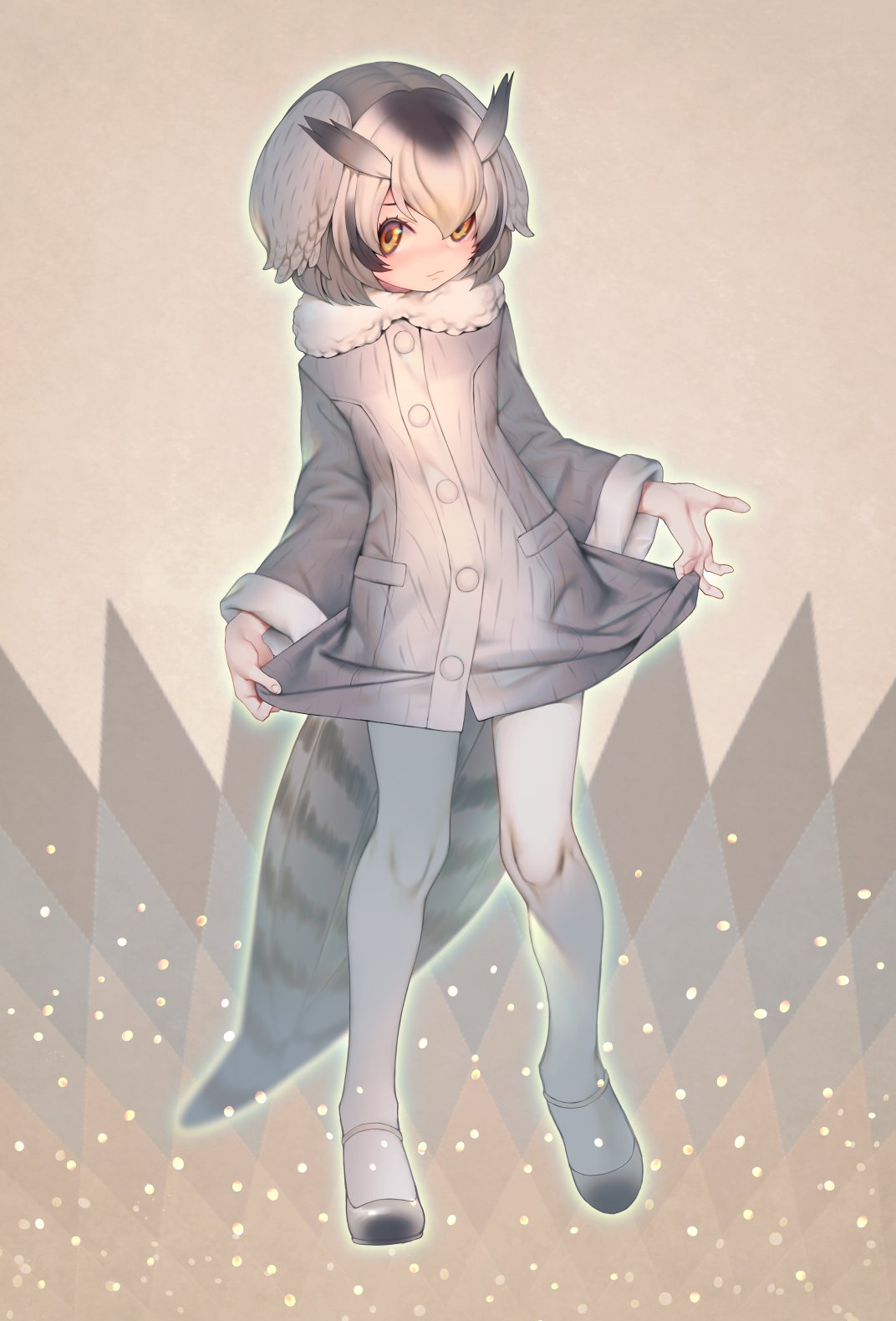 1girl bangs bird_tail blush brown_eyes buttons closed_mouth coat full_body fur_collar grey_coat head_wings highres kemono_friends long_sleeves mifu_(b24vc1) multicolored_hair northern_white-faced_owl_(kemono_friends) owl_ears pantyhose pocket shoes short_hair solo tail two-tone_hair white_legwear