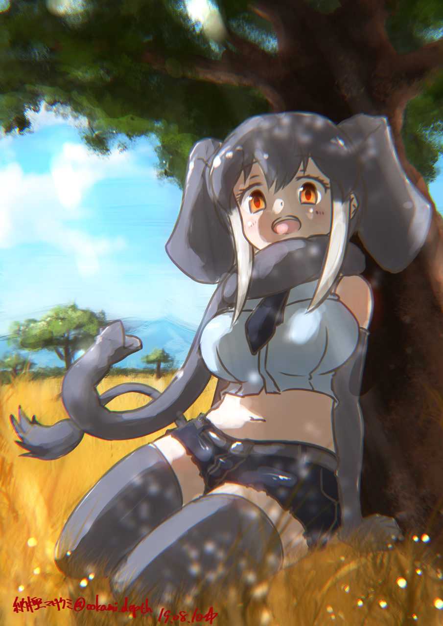 1girl :d african_elephant_(kemono_friends) bangs bare_shoulders black_neckwear blue_shirt breasts commentary dated day denim denim_shorts elbow_gloves elephant_ears elephant_tail extra_ears gloves grass grey_gloves grey_hair grey_legwear grey_scarf highres kemono_friends large_breasts looking_at_viewer midriff nature navel necktie open_mouth orange_eyes outdoors savannah scarf shirt short_hair short_shorts shorts sitting sleeveless sleeveless_shirt smile solo thigh-highs tree tree_shade tusks twitter_username yonaka-nakanoma