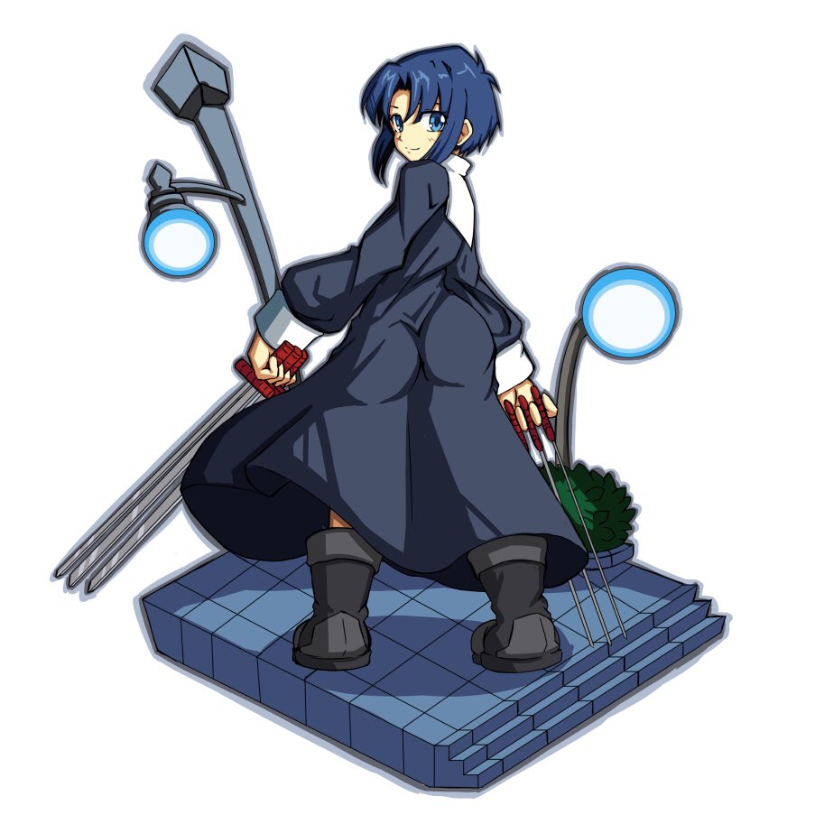 1girl ass black_keys blue_eyes blue_hair breasts bush ciel dress elnido_koles floor lamp lamppost lights long_sleeves looking_at_viewer looking_back medium_breasts melty_blood nun short_hair solo tsukihime type-moon weapon