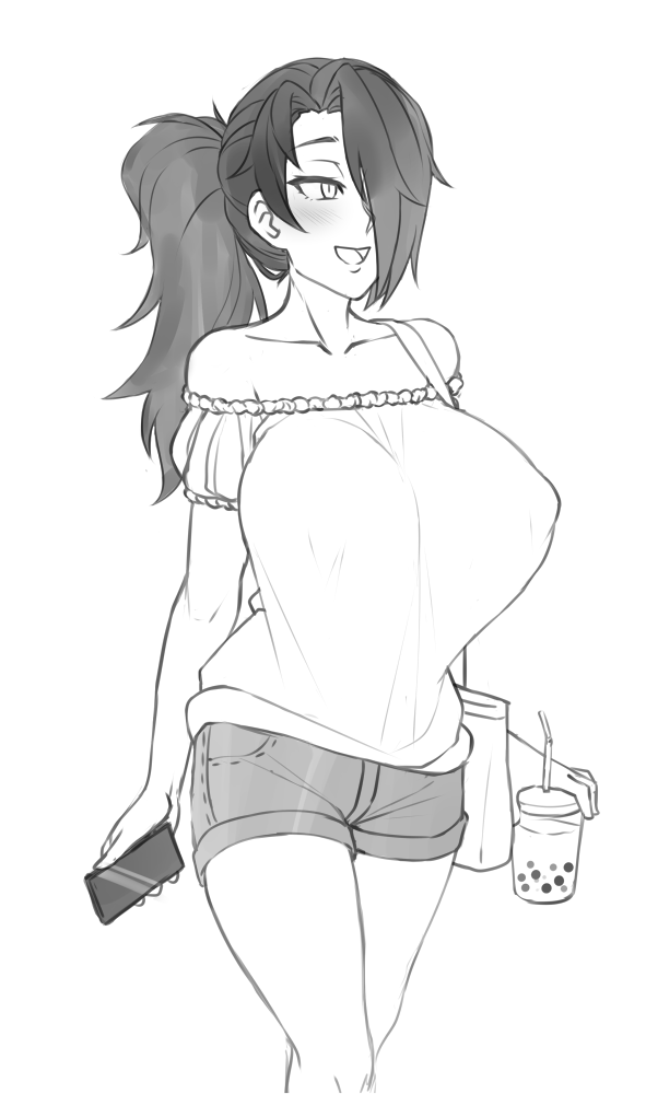 1girl :d alternate_hairstyle bag bare_shoulders bubble_tea cellphone collarbone cowboy_shot cup disposable_cup drinking_straw greyscale hair_over_one_eye long_hair looking_away monochrome off-shoulder_shirt off_shoulder open_mouth original phone ponytail puffy_short_sleeves puffy_sleeves saya_(twrlare) shirt short_shorts short_sleeves shorts shoulder_bag simple_background smartphone smile solo twrlare white_background