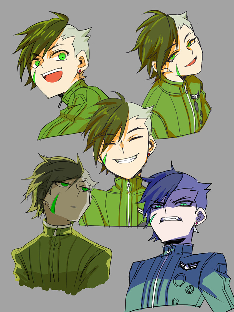 1boy angry brown_hair closed_eyes earrings empty_eyes expressions eyebrows_visible_through_hair facial_mark green_eyes grey_background hair_over_one_eye jewelry long_sleeves looking_at_viewer male_focus nanashi_(shin_megami_tensei_iv_final) pilot_suit shaded_face shin_megami_tensei shin_megami_tensei_iv_final simple_background single_earring smile solo tattoo trafuris uniform