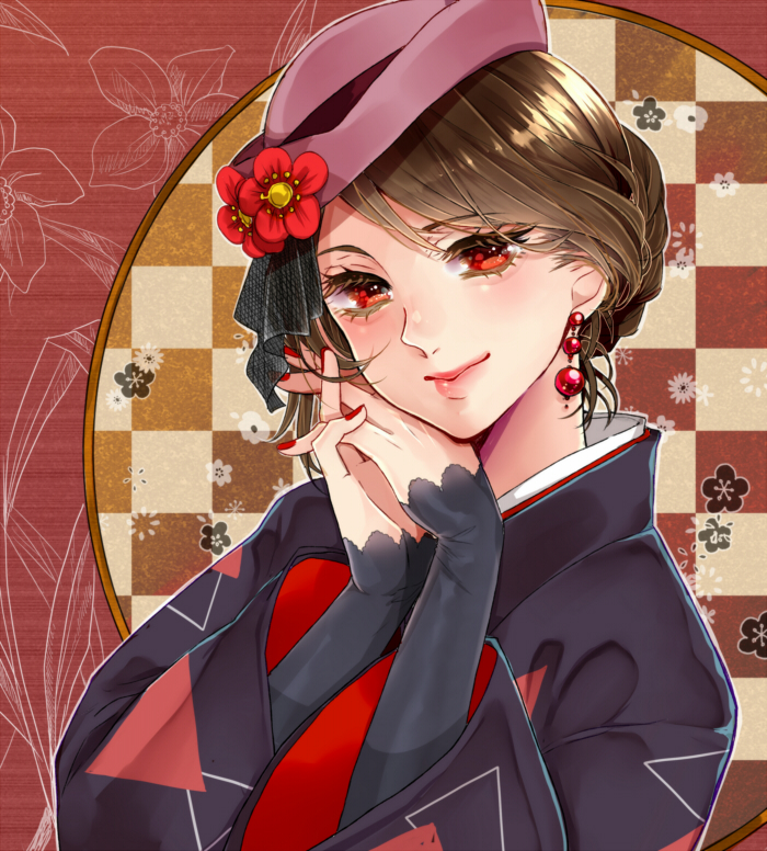 1girl braid brown_hair checkered checkered_background closed_mouth eyelashes flower hat hat_flower head_tilt itoko_(i_t_k) japanese_clothes lace layered_clothing long_sleeves looking_at_viewer meiko own_hands_together purple_headwear red_eyes red_flower red_lips red_nails sleeves_past_wrists smile solo tied_hair upper_body vocaloid wide_sleeves