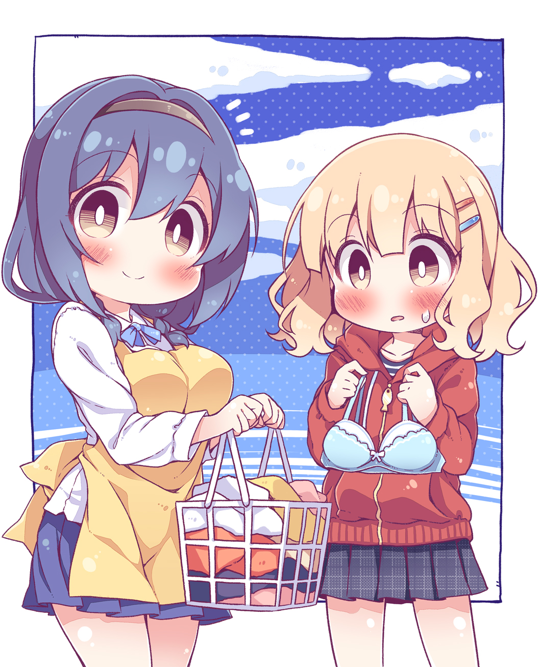 2girls apron black_skirt blonde_hair blue_bra blue_hair blue_skirt blush bra breasts brown_eyes chibi closed_mouth collarbone drooling eyebrows_visible_through_hair furutani_himawari hair_ornament hairband hairclip highres holding holding_bra hood hoodie large_breasts laundry_basket long_sleeves looking_at_another looking_at_viewer multiple_girls oomuro_sakurako parted_lips saliva short_hair skirt smile takahero underwear wavy_hair yuru_yuri zipper zipper_pull_tab