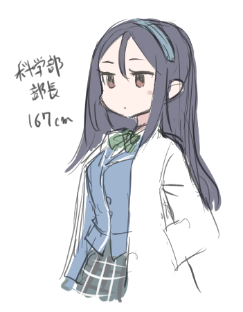 1girl blue_hair blue_jacket blush_stickers commentary_request expressionless green_neckwear hand_in_pocket height jacket jitome labcoat long_hair lowres original plaid plaid_skirt school_uniform simple_background sketch skirt solo translated utopia white_background