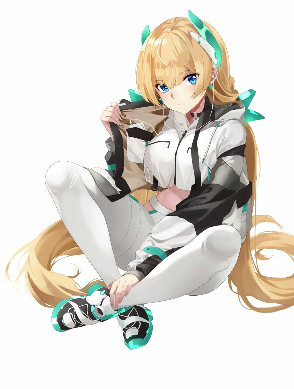 1girl angela_balzac bangs black_footwear blonde_hair blue_eyes breasts cellphone chinese_commentary closed_eyes commentary_request crop_top crop_top_overhang earphones earrings eyebrows_visible_through_hair full_body headgear highres jacket jewelry knees_up large_breasts long_hair long_sleeves midriff navel open_clothes open_jacket pants phone pocket rakuen_tsuihou shoes simple_background sitting smartphone sneakers solo tight tight_pants user_yzzn3747 very_long_hair white_background white_jacket white_pants