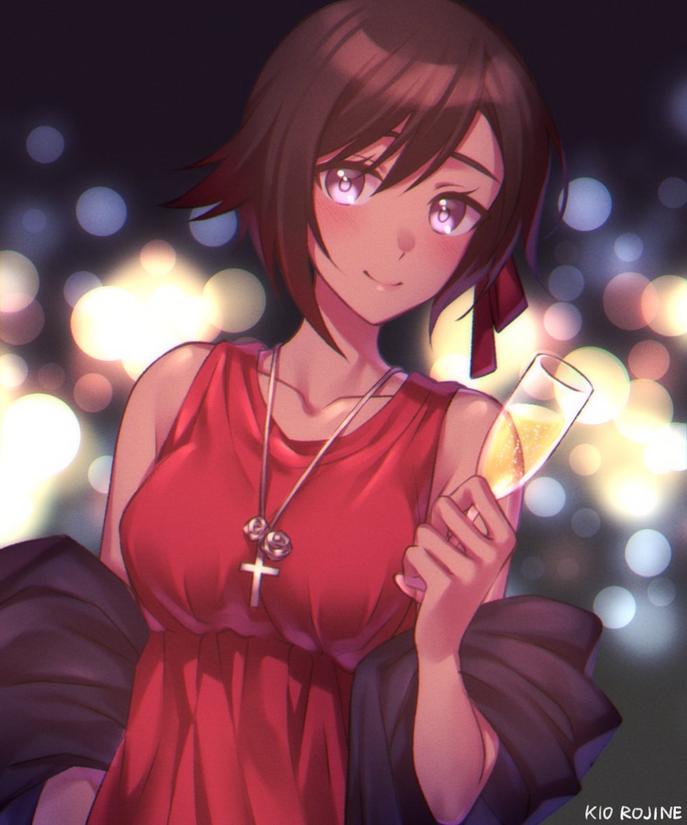 1girl alternate_skin_color artist_name bangs blurry blurry_background blush brown_hair closed_mouth collarbone cross cross_necklace cup dark_skin dress drinking_glass gradient_hair grey_eyes hair_between_eyes highres holding holding_cup jewelry kio_rojine lens_flare looking_at_viewer multicolored_hair necklace red_dress redhead ruby_rose rwby sash shiny shiny_hair short_hair sleeveless sleeveless_dress smile solo swept_bangs upper_body wine_glass