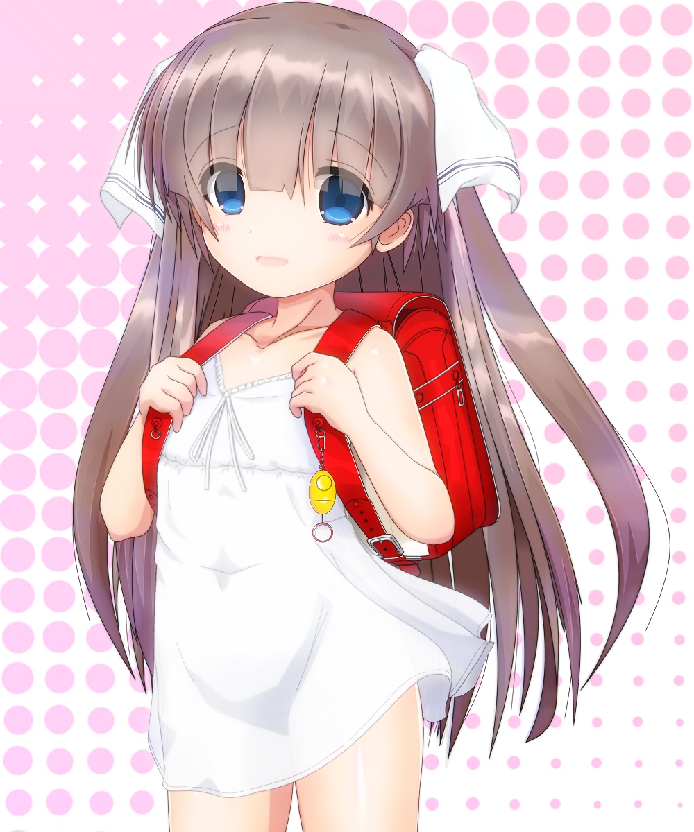 1girl backpack bag blue_eyes brown_hair child commentary_request crime_prevention_buzzer damubomu dress highres long_hair original randoseru ribbon short_dress smile solo sundress two_side_up very_long_hair white_dress