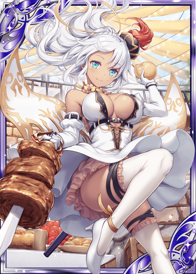 1girl akkijin blue_eyes breasts card_(medium) carnival churrasco collarbone dress food fruit gloves hat large_breasts looking_at_viewer meat official_art outdoors ribbon shinkai_no_valkyrie smile thigh-highs white_dress white_footwear white_gloves white_hair white_legwear yellow_ribbon