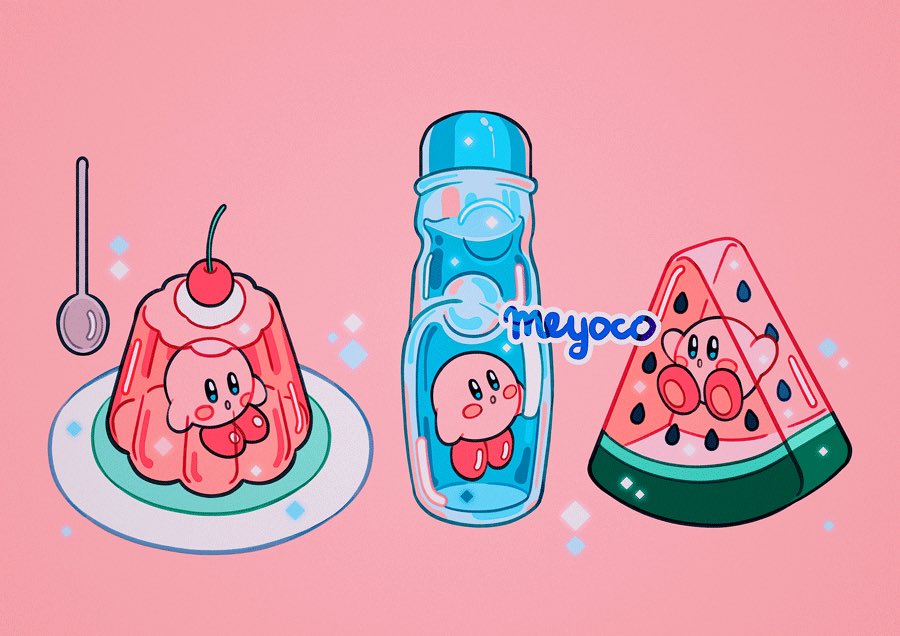 artist_name bottle cherry food fruit gelatin kirby kirby_(series) meyoco open_mouth pink_background plate ramune simple_background sparkle spoon watermelon