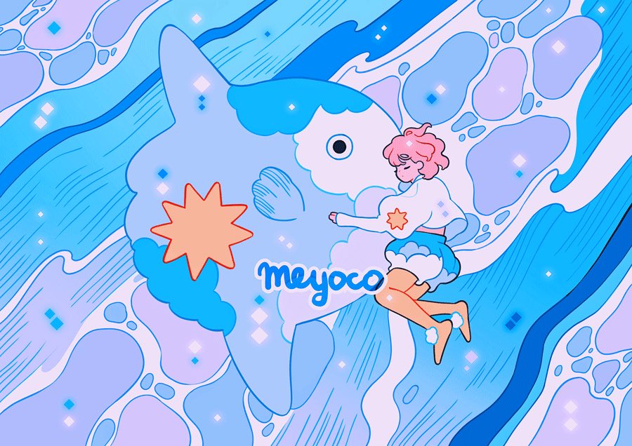 1girl artist_name bangs closed_eyes clouds fish juliet_sleeves long_sleeves meyoco original pink_hair puffy_shorts puffy_sleeves shirt short_hair shorts sleeves_past_wrists solo sparkle sun sunfish white_shirt