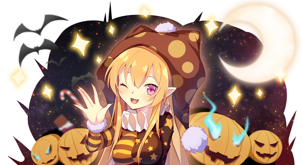 1girl ;d alternate_color american_flag_dress bangs bat blonde_hair blush breasts brown_dress brown_headwear candy candy_cane chocolate_bar clownpiece commentary_request crescent dress eyebrows_visible_through_hair fang food hair_between_eyes hand_up hat jack-o'-lantern jester_cap long_hair long_sleeves looking_at_viewer medium_breasts neck_ruff one_eye_closed open_mouth orange_dress pink_eyes pointy_ears polka_dot polka_dot_hat pom_pom_(clothes) smile solo star star_print striped striped_dress touhou upper_body z.o.b