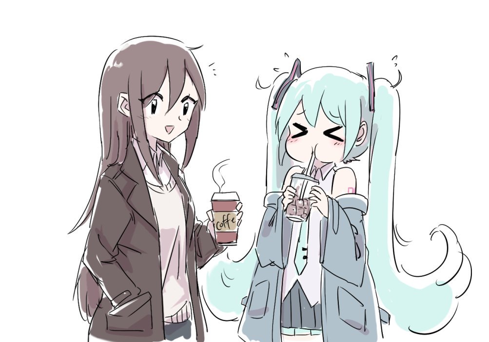 &gt;_&lt; 2girls aqua_hair aqua_neckwear bare_shoulders black_skirt black_sleeves blue_jacket blush brown_hair brown_jacket coffee coffee_cup commentary cup detached_sleeves disposable_cup drinking drinking_straw grey_shirt hair_ornament hand_in_pocket hand_up hatsune_miku holding holding_cup ice ice_cube jacket long_hair looking_at_another master_(vocaloid) multiple_girls necktie nejikyuu shirt shoulder_tattoo skirt sleeveless sleeveless_shirt smile steam straight_hair sweat tattoo twintails very_long_hair vocaloid white_background