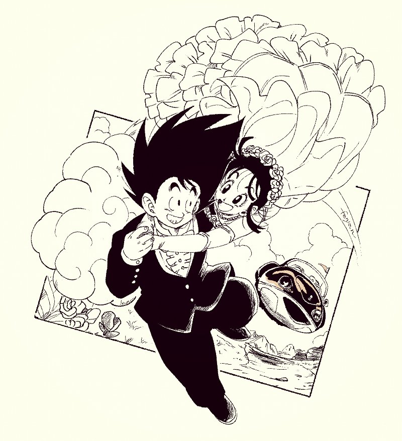 1boy 1girl :d aircraft airship arms_around_neck black_hair chi-chi_(dragon_ball) clenched_teeth clouds cloudy_sky commentary_request couple day dragon_ball dragon_ball_(classic) dress dress_shirt dutch_angle elbow_gloves eyelashes fenyon fingernails floating_hair flower flying_nimbus formal frilled_dress frills full_body gloves grass grin hair_flower hair_ornament happy hetero husband_and_wife jewelry looking_at_another messy_hair monochrome mountain nature necklace open_mouth outdoors pearl_necklace rose shirt sidelocks simple_background sky smile son_gokuu spiky_hair suit teeth twitter_username wedding_dress white_background white_dress white_shirt