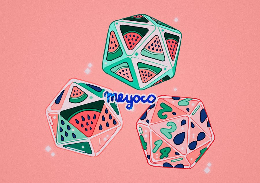 artist_name dice food fruit icosahedron meyoco no_humans number original pink_background simple_background sparkle watermelon