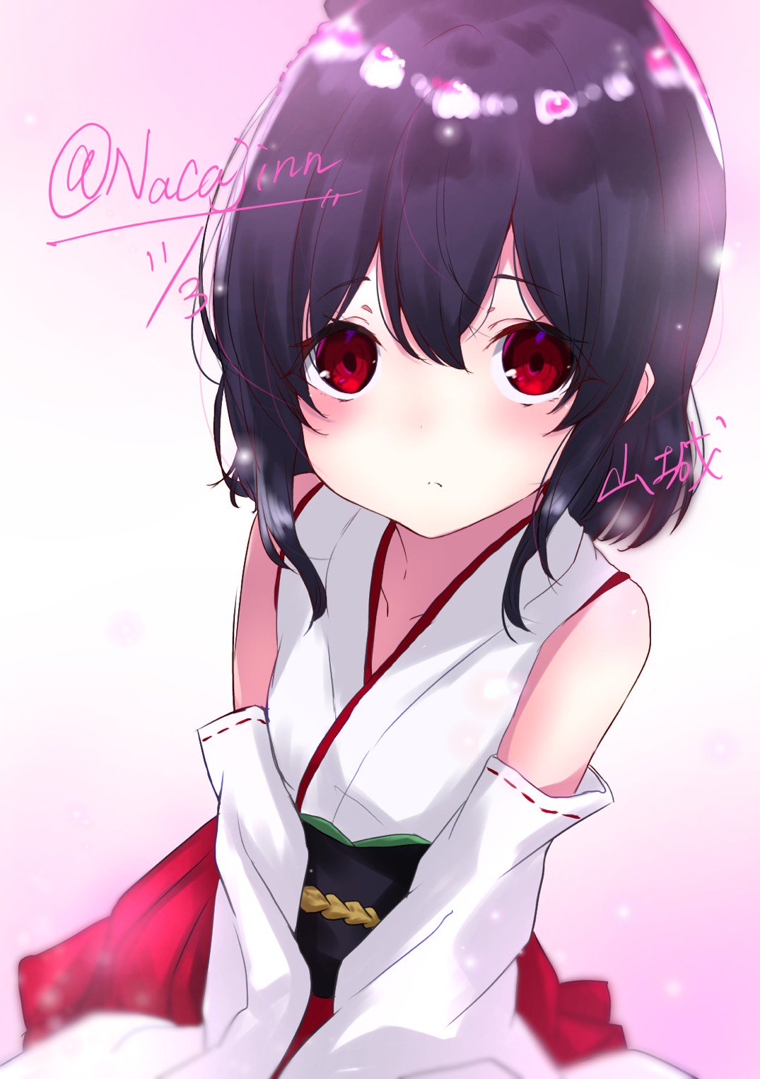 1girl bare_shoulders black_hair blush child closed_mouth detached_sleeves eyebrows_visible_through_hair gradient gradient_background hair_ornament highres japanese_clothes kantai_collection looking_at_viewer na-code_(gurich) red_eyes short_hair solo twitter_username yamashiro_(kantai_collection)
