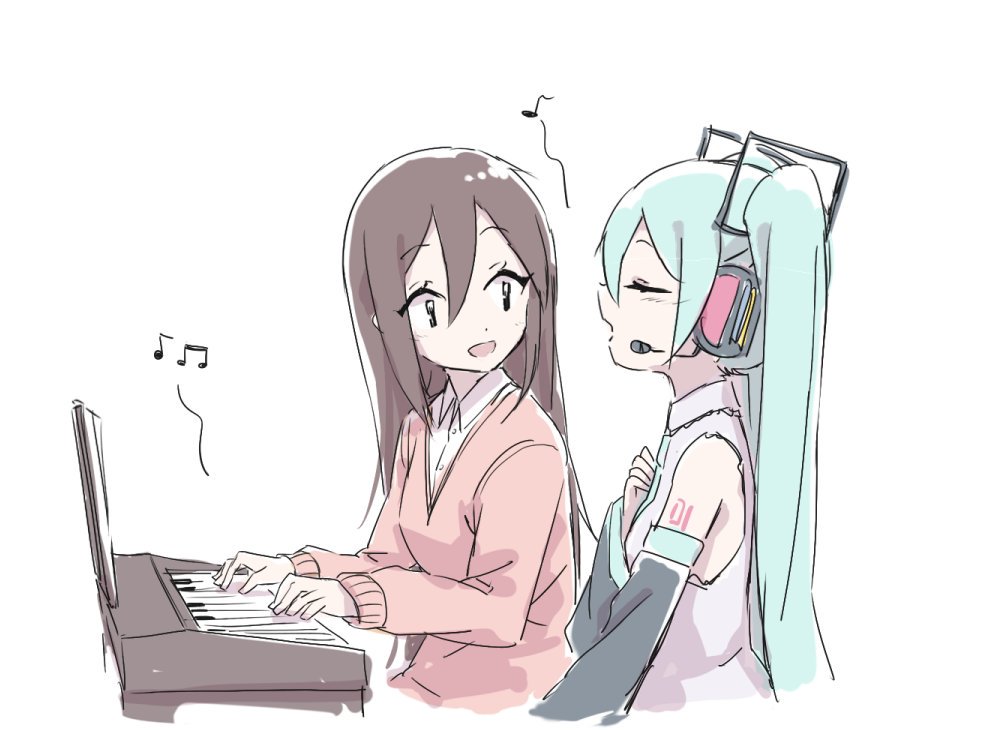 2girls aqua_hair bare_shoulders beamed_eighth_notes black_sleeves brown_hair closed_eyes commentary detached_sleeves eighth_note grey_shirt hair_ornament hand_on_own_chest hatsune_miku instrument long_hair looking_at_another master_(vocaloid) multiple_girls music musical_note nejikyuu open_mouth piano playing_instrument playing_piano red_sweater shirt shoulder_tattoo singing sitting sleeveless sleeveless_shirt spoken_musical_note straight_hair sweater tattoo twintails upper_body very_long_hair vocaloid
