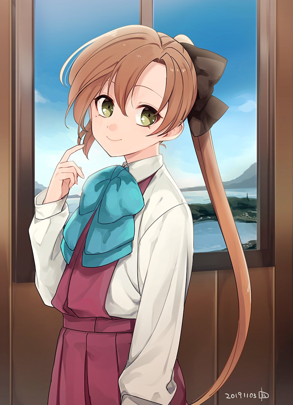 1girl akigumo_(kantai_collection) aqua_neckwear bangs brown_hair dated day green_eyes hair_ribbon highres indoors kantai_collection long_hair long_sleeves mole mole_under_mouth nakagomiyuki415 pleated_skirt ponytail ribbon school_uniform shirt signature skirt sky smile solo vest white_shirt window