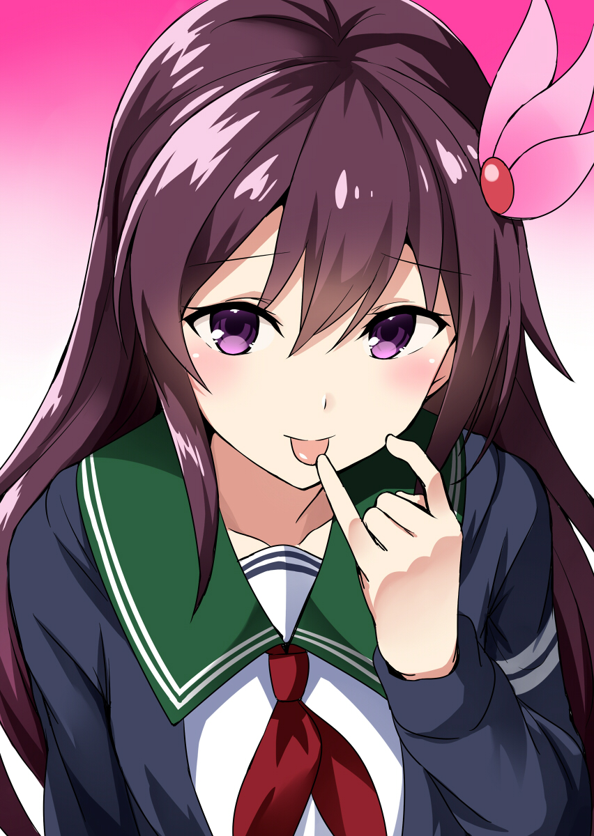 1girl artist_name brown_hair commentary_request eyebrows_visible_through_hair finger_licking gradient gradient_background green_sailor_collar hair_between_eyes hair_ornament highres kamelie kantai_collection kisaragi_(kantai_collection) licking long_hair looking_at_viewer neckerchief pink_background pinky_out red_neckwear remodel_(kantai_collection) sailor_collar school_uniform serafuku solo upper_body violet_eyes white_background