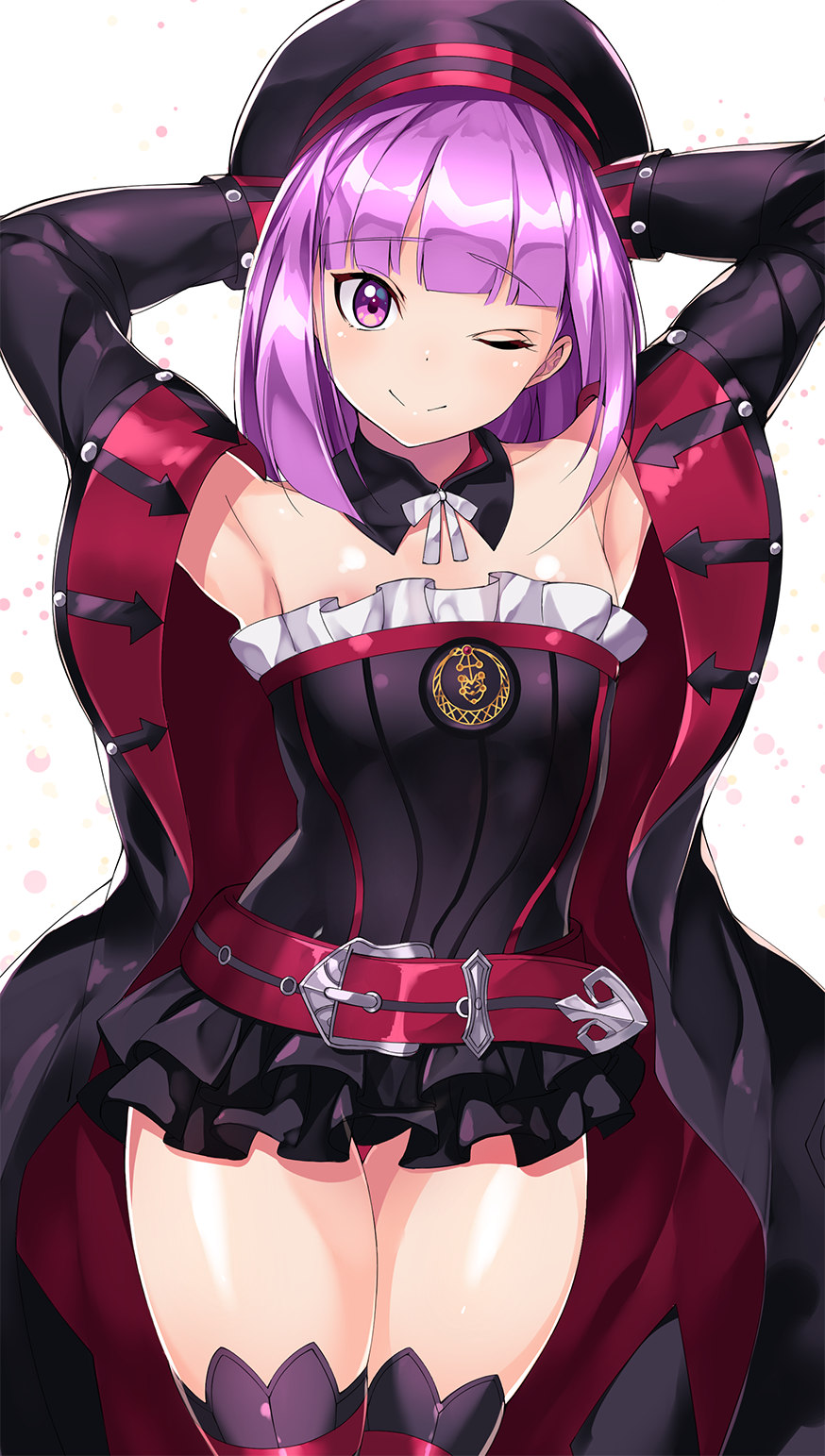 1girl armpits arms_behind_head arms_up bangs bare_shoulders belt black_coat black_dress black_headwear black_legwear blunt_bangs blush breasts closed_mouth coat detached_collar dress fate/grand_order fate_(series) frills hat helena_blavatsky_(fate/grand_order) highres long_sleeves looking_at_viewer one_eye_closed open_clothes open_coat purple_hair short_dress sia_namsbinpeni simple_background small_breasts smile solo strapless strapless_dress thigh-highs thighs violet_eyes white_background
