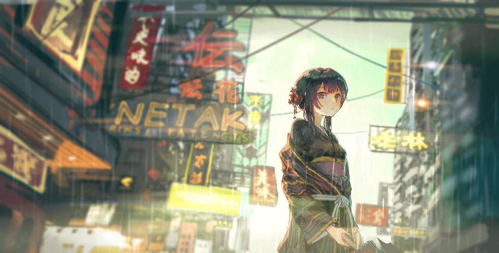 1girl bangs blue_hair blue_kimono city closed_mouth flower hair_flower hair_ornament holding holding_umbrella idolmaster idolmaster_shiny_colors japanese_clothes kimono long_sleeves looking_at_viewer morino_rinze obi oriental_umbrella outdoors rain red_eyes roki_(0214278) sash short_hair sign solo umbrella upper_body