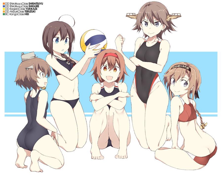 5girls ahoge barefoot beach_volleyball bikini black_bikini black_hair black_headband black_swimsuit blue_eyes braid brown_eyes brown_hair butt_crack character_name clothes_writing competition_swimsuit flipped_hair full_body grey_eyes hachimaki hair_ornament hair_over_shoulder hairband headband headgear headset hiei_(kantai_collection) kantai_collection kneeling light_brown_hair long_hair multiple_girls one-piece_swimsuit orange_eyes propeller_hair_ornament red_bikini red_hairband school_swimsuit shigure_(kantai_collection) shiratsuyu_(kantai_collection) short_hair single_braid sitting souji speaking_tube_headset sports_bikini swimsuit teruzuki_(kantai_collection) twin_braids two-tone_background volleyball white_background yokozuwari yukikaze_(kantai_collection)