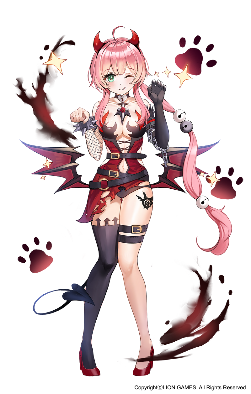 1girl ahoge bell black_legwear blush breasts chii_aruel collar commentary_request eto_(nistavilo2) gloves green_eyes hair_ornament heart highres horns keyhole large_breasts long_hair looking_at_viewer navel one_eye_closed paw_print pink_hair red_footwear red_horns shoes single_thighhigh solo soul_worker thigh-highs thigh_strap tongue tongue_out