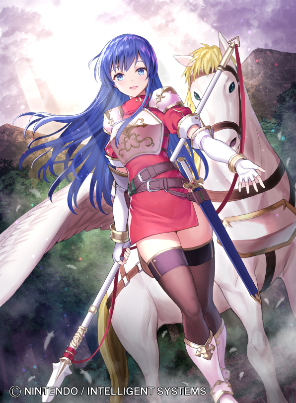 1girl 1other animal armor blue_eyes blue_hair blush caeda_(fire_emblem) cape commentary_request dress earrings elbow_gloves fingerless_gloves fire_emblem fire_emblem:_mystery_of_the_emblem fire_emblem_11 fire_emblem_3 fire_emblem_cipher fire_emblem_shadow_dragon full_body gloves human intelligent_systems jewelry kousei_horiguchi lance long_hair looking_at_viewer mammal nintendo official_art open_mouth pegasus pegasus_knight smile solo sword thigh-highs weapon wings zettai_ryouiki