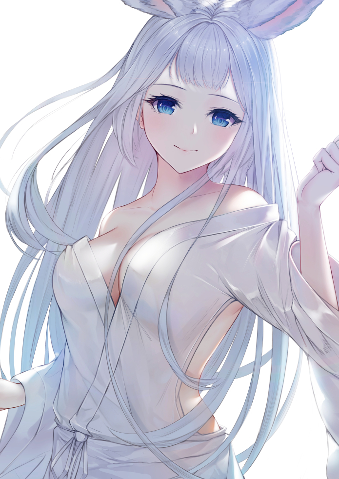 1girl animal_ears bangs blue_eyes blunt_bangs breasts granblue_fantasy large_breasts long_hair looking_at_viewer mari_(doraerin0) rabbit_ears sidelocks silver_hair simple_background smile socie_(granblue_fantasy) solo upper_body white_background