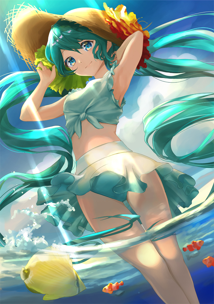 1girl adjusting_clothes adjusting_hat adjusting_headwear animal aqua_hair armpits arms_up bangs bare_arms bare_legs bare_shoulders bikini blue_eyes blue_sky blue_swimsuit breasts clouds cloudy_sky clownfish curly_hair day dutch_angle eyebrows_visible_through_hair feet_out_of_frame fish flower frilled_bikini frilled_bikini_bottom frilled_swimsuit frills front-tie_bikini front-tie_top green_flower hair_between_eyes happy hat hatsune_miku legs_together light_rays light_smile long_hair looking_at_viewer midriff no_navel orange_flower outdoors parted_bangs partially_submerged sky small_breasts smile solo straw_hat submerged sun_hat sunlight swimsuit tamamushi thigh_gap twintails very_long_hair vocaloid water