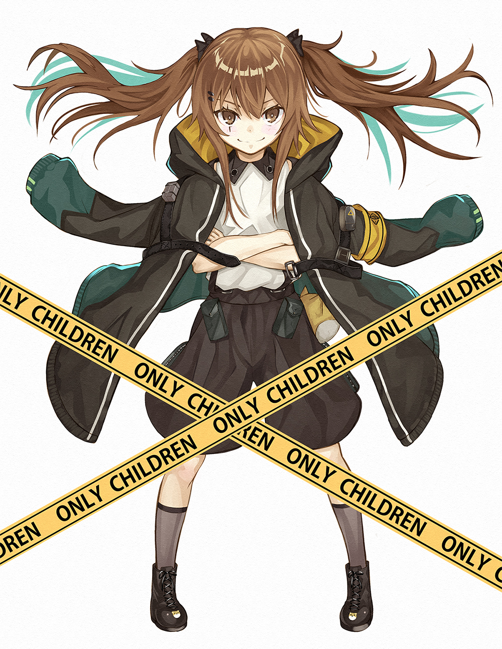 1girl black_footwear black_legwear boots brown_eyes brown_hair character_print closed_mouth coat commentary_request crossed_arms english_text eyebrows_visible_through_hair floating_hair full_body girls_frontline gunbuster_pose highres jacket_on_shoulders looking_at_viewer numazume open_clothes open_coat shirt silhouette simple_background smile socks solo standing tape twintails ump9_(girls_frontline) v-shaped_eyebrows white_background white_shirt younger
