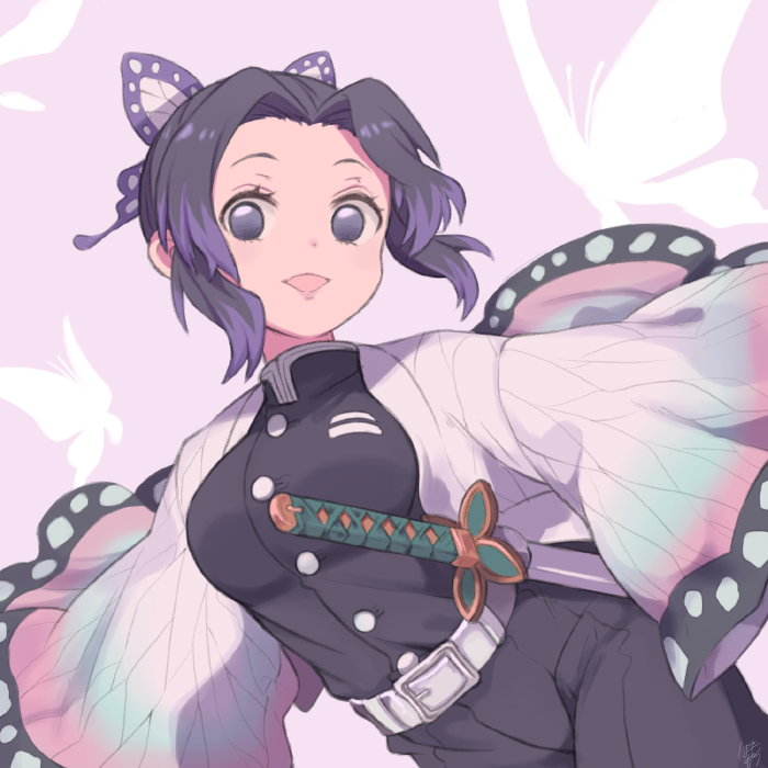 1girl animal_print bangs black_hair blue_butterfly botamochi_(exwelder) bug butterfly butterfly_hair_ornament butterfly_print hair_ornament haori insect japanese_clothes kimetsu_no_yaiba kochou_shinobu long_sleeves looking_at_viewer multicolored_hair parted_bangs purple_background purple_hair short_hair simple_background smile solo uniform violet_eyes