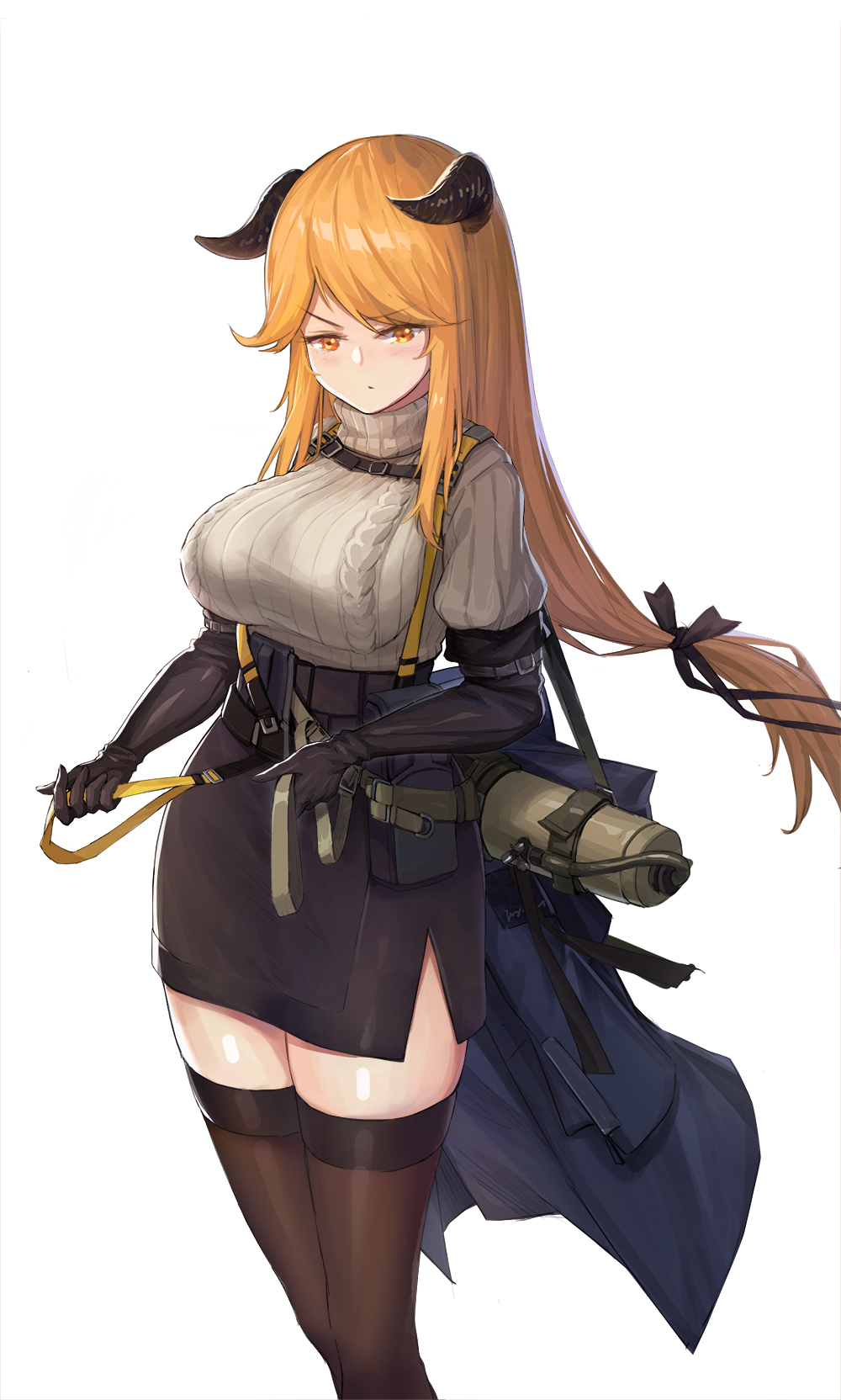 1girl aran_sweater arknights arm_belt bangs black_bow black_gloves black_legwear black_skirt blush bow breasts elbow_gloves eyebrows_visible_through_hair frown gloves hair_bow hair_flaps high-waist_skirt highres horns large_breasts long_hair long_sleeves low-tied_long_hair meteorite_(arknights) miniskirt orange_eyes orange_hair parted_bangs pencil_skirt pouch ribbed_sweater side_slit skirt solo sweater thigh-highs very_long_hair white_background white_sweater wind xian_yu_mo_ren zettai_ryouiki