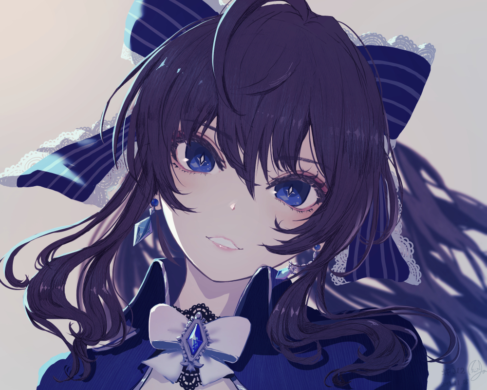 1girl ahoge bangs black_hair blue_bow blue_eyes blue_jacket blush bow collared_jacket commentary_request earrings eyebrows_visible_through_hair grey_background hair_between_eyes hair_bow head_tilt ichinose_shiki idolmaster idolmaster_cinderella_girls idolmaster_cinderella_girls_starlight_stage jacket jewelry long_hair looking_at_viewer minyom open_clothes open_jacket parted_lips simple_background solo striped striped_bow upper_body white_bow