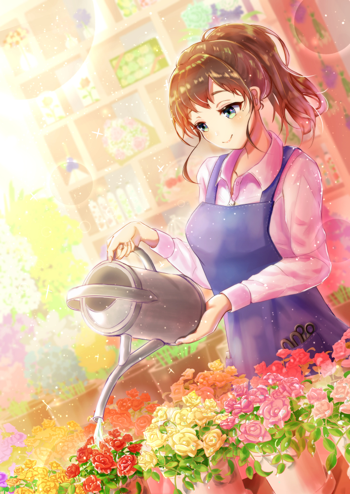 1girl apron blue_eyes blurry blurry_background brown_hair dutch_angle florist flower lens_flare long_sleeves medium_hair original pink_flower plant ponytail potted_plant scissors shelf shirt smile solo watering watering_can white_shirt yashirupe
