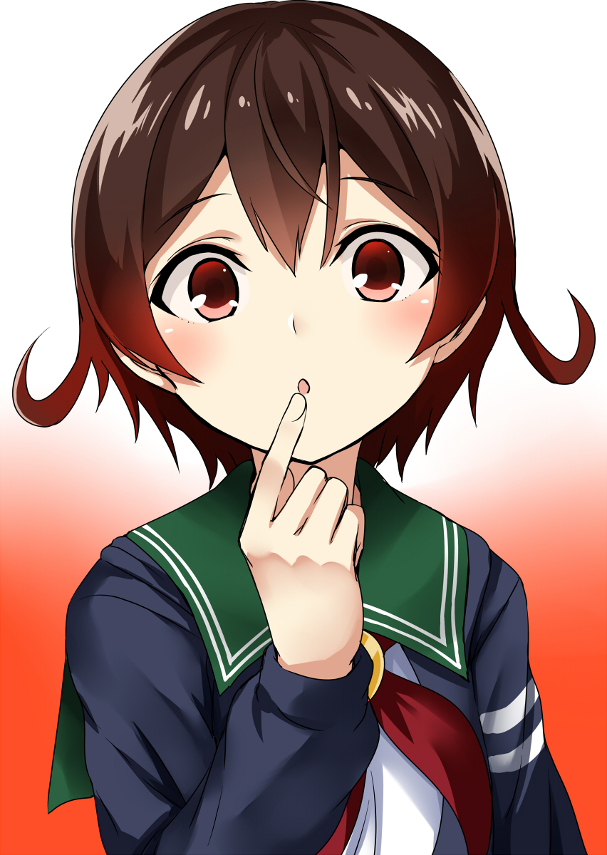 1girl artist_name blue_jacket brown_hair crescent crescent_moon_pin dated finger_to_mouth gradient gradient_background gradient_hair green_sailor_collar highres jacket kamelie kantai_collection looking_at_viewer multicolored_hair mutsuki_(kantai_collection) neckerchief orange_background red_neckwear redhead remodel_(kantai_collection) sailor_collar school_uniform serafuku short_hair signature solo upper_body