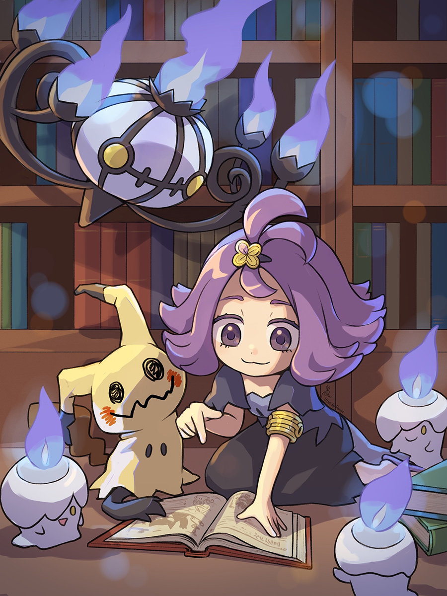 1girl :3 acerola_(pokemon) book chandelure chibi dress full_body gen_5_pokemon gen_7_pokemon hair_ornament highres indoors kneeling library litwick mimikyu open_book peron_(niki2ki884) pokemon pokemon_(game) pokemon_masters pokemon_sm purple_hair signature violet_eyes