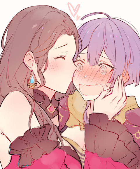 2girls @_@ bernadetta_von_varley blush brown_hair cheek_kiss closed_eyes dorothea_arnault earrings fire_emblem fire_emblem:_three_houses from_side grey_eyes jewelry kiss kvlen long_hair long_sleeves multiple_girls open_mouth purple_hair simple_background upper_body white_background yuri