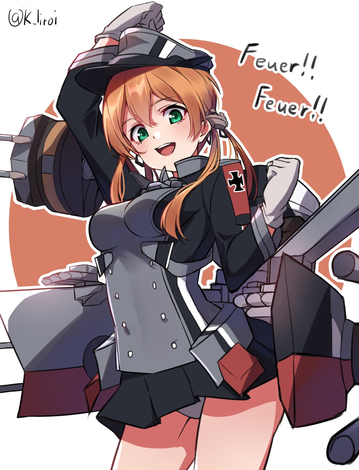 1girl anchor_hair_ornament black_skirt blonde_hair commentary_request cowboy_shot gloves green_eyes grey_gloves hair_ornament hat highres iron_cross kagari_leroy kantai_collection long_hair low_twintails machinery microskirt military military_hat military_uniform open_mouth oval panties pantyshot peaked_cap pleated_skirt prinz_eugen_(kantai_collection) skirt solo twintails twitter_username two-tone_background underwear uniform upper_teeth white_background white_panties