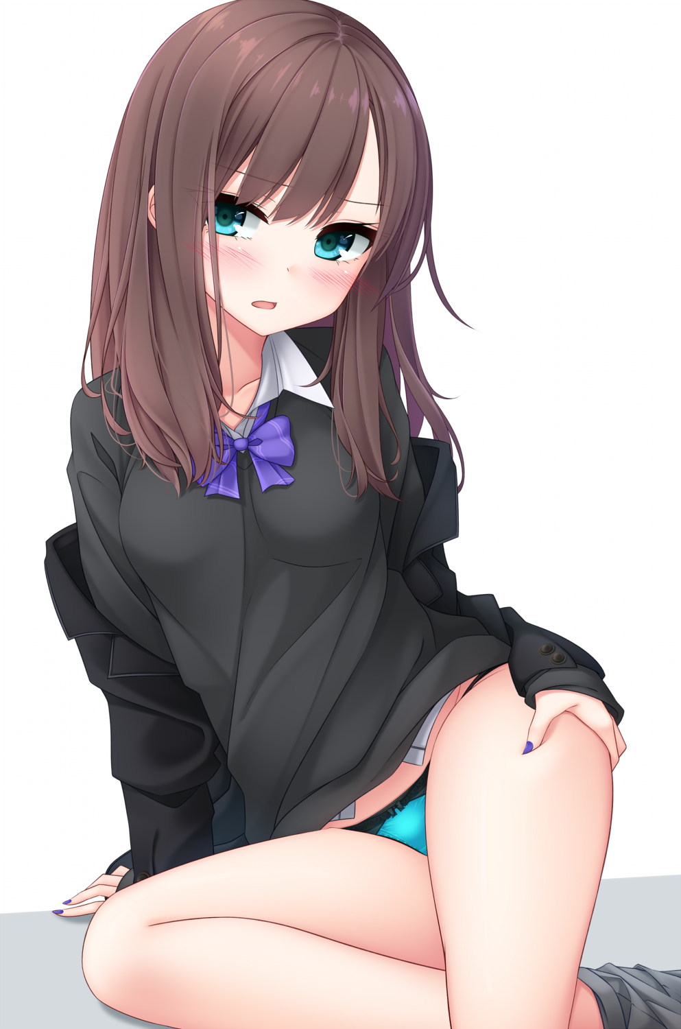 1girl black_jacket black_sweater blazer blue_eyes blue_panties blush bow bow_panties brown_hair collared_shirt fingernails flying_sweatdrops grey_skirt highres jacket long_hair looking_at_viewer nail_polish off_shoulder open_blazer open_clothes open_jacket open_mouth original panties pleated_skirt purple_bow purple_nails shirt skirt solo sweater thigh_grab underwear white_background white_shirt yoye_(pastel_white)