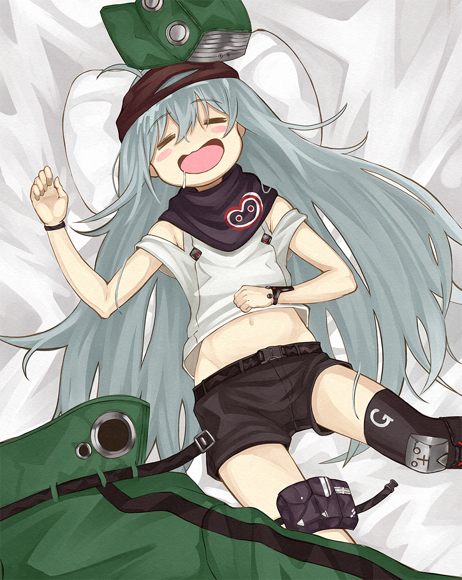 1girl =_= ahoge bed_sheet black_legwear black_shorts blue_hair blush_stickers coat coat_removed drooling eyebrows_visible_through_hair from_above g11_(girls_frontline) girls_frontline green_coat green_headwear groin hair_between_eyes hat hat_removed headwear_removed long_hair midriff navel numazume saliva shirt shorts sleeping solo thigh-highs thigh_pouch very_long_hair white_pillow white_shirt