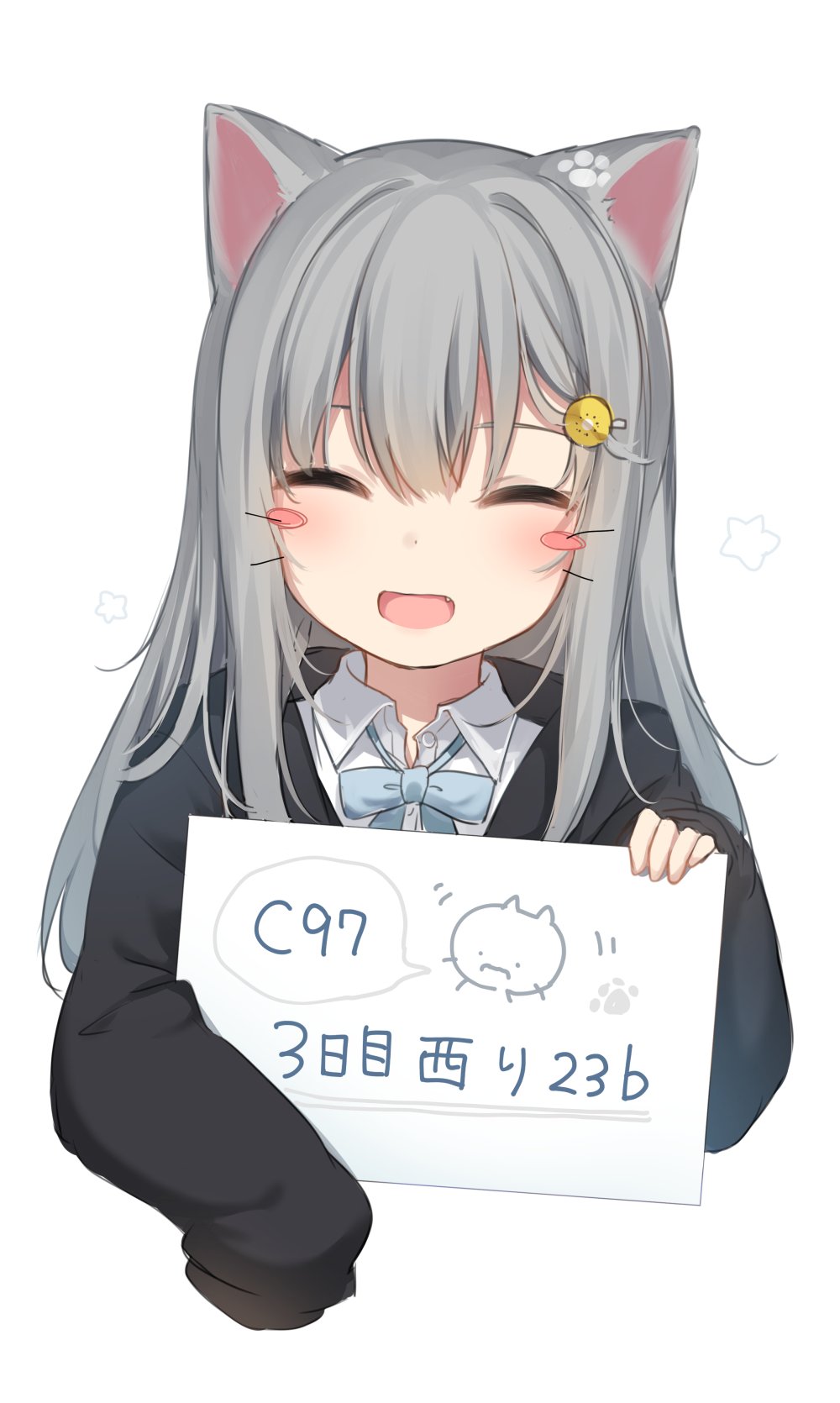 1girl :d ^_^ amashiro_natsuki animal_ears bangs black_jacket blue_bow blush blush_stickers bow cat_ears closed_eyes collared_shirt commentary_request dress_shirt eyebrows_visible_through_hair facing_viewer fang grey_hair hair_between_eyes hair_ornament hairclip highres holding holding_sign hood hood_down hooded_jacket jacket long_hair long_sleeves nacho_(amashiro_natsuki) open_mouth original shirt sign simple_background sleeves_past_fingers sleeves_past_wrists smile solo translation_request upper_body white_background white_shirt