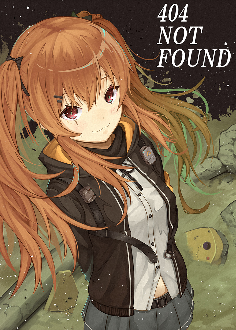 1girl :3 arms_behind_back black_bow black_jacket black_skirt bow brown_hair closed_mouth commentary_request english_text girls_frontline hair_bow hair_ornament hairclip jacket long_hair numazume open_clothes open_jacket pleated_skirt red_eyes scar scar_across_eye skirt smile solo twintails ump9_(girls_frontline)