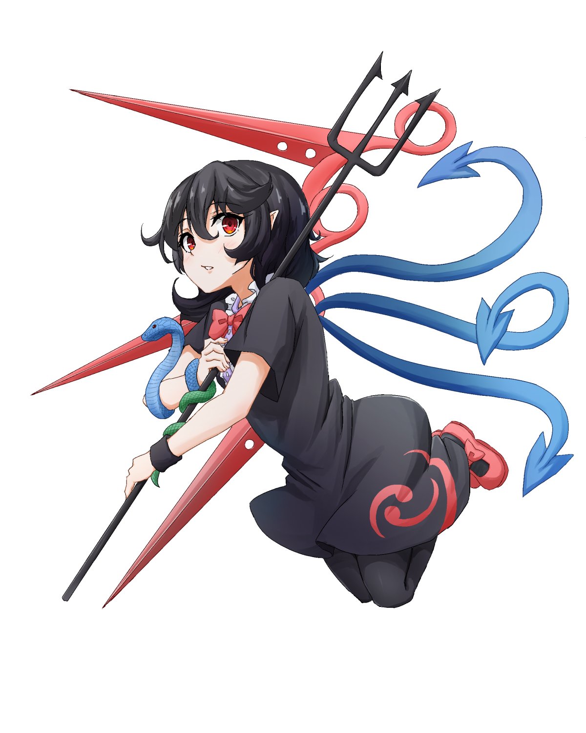 1girl asymmetrical_wings bangs black_dress black_hair black_legwear blue_wings blush bow bowtie commentary dress eyebrows_visible_through_hair hair_between_eyes highres holding holding_weapon houjuu_nue looking_at_viewer mary_janes pantyhose parted_lips pointy_ears polearm red_bow red_eyes red_footwear red_neckwear red_wings shoes short_dress short_hair short_sleeves simple_background snake solo tarumaru touhou trident weapon white_background wings wristband