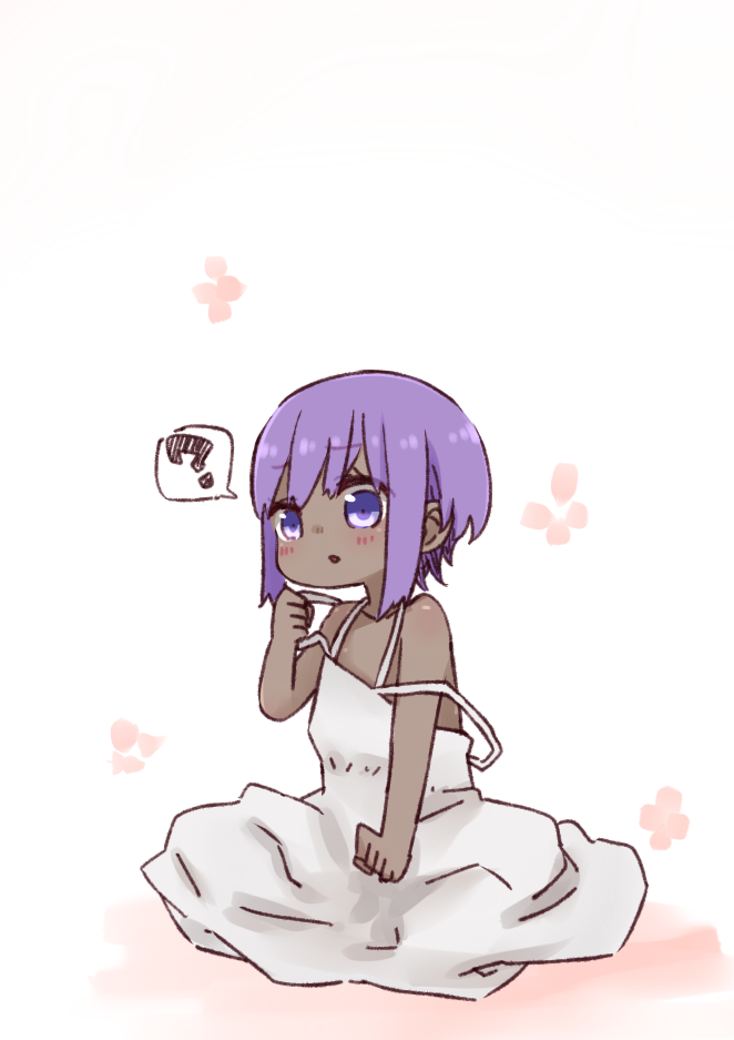 1girl ? age_regression bangs bare_arms bare_shoulders blush dark_skin dress eyebrows_visible_through_hair fate/prototype fate/prototype:_fragments_of_blue_and_silver fate_(series) hand_up hassan_of_serenity_(fate) i.u.y oversized_clothes parted_lips purple_hair sleeveless sleeveless_dress solo spoken_question_mark violet_eyes white_background white_dress younger